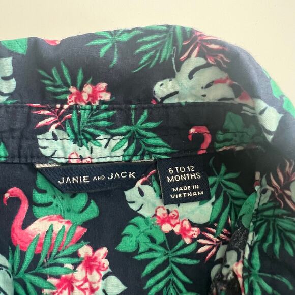 Janie & Jack Collared Hawaiian Shirt navy blue green leaf monstera pink flamingo - Picture 3 of 4